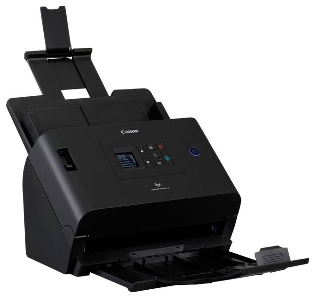 Schwarzer Canon-Dokumentenscanner mit automatischem Zuführwerk und Bedienfeld, dargestellt auf weißem Hintergrund