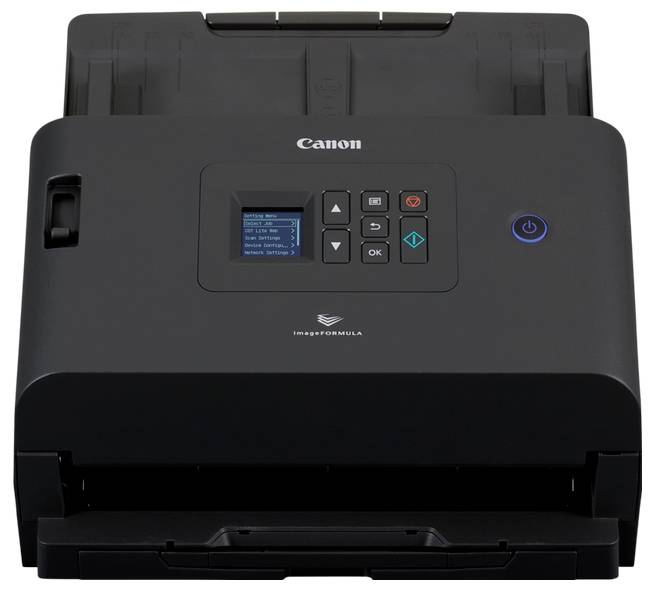 Vorderansicht eines Canon imageFORMULA Dokumentscanners mit Papiereinzug, kleinem Display, Steuertasten und Ein-/Ausschalter.