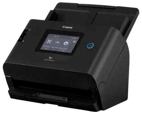 Schwarzer Canon-Dokumentenscanner mit Touchscreen-Display und blaubeleuchteter Netztaste, angewinkelt auf weißem Hintergrund dargestellt.