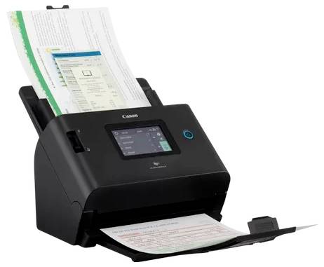 Black Canon Dokumentenscanner, der einen Stapel Papiere einzieht, mit einer eingescannten Seite, die in das Ausgabefach austritt.