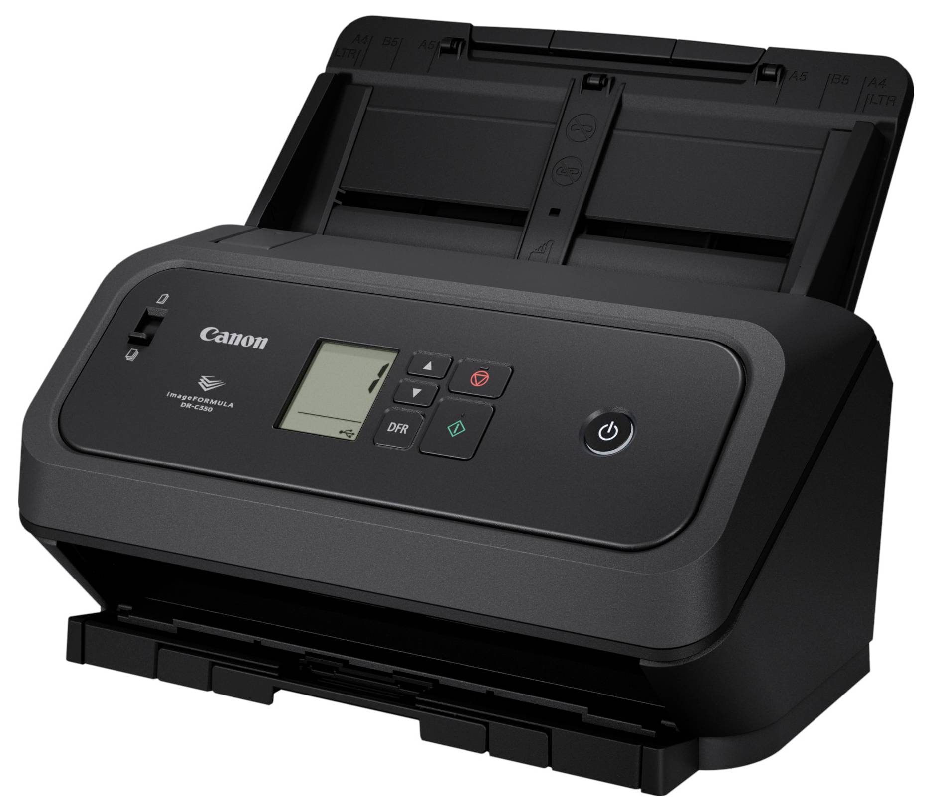 Schwarzer Canon Dokumentenscanner mit oberer Zuführung, kleinem Display und Steuertasten auf der Frontplatte.