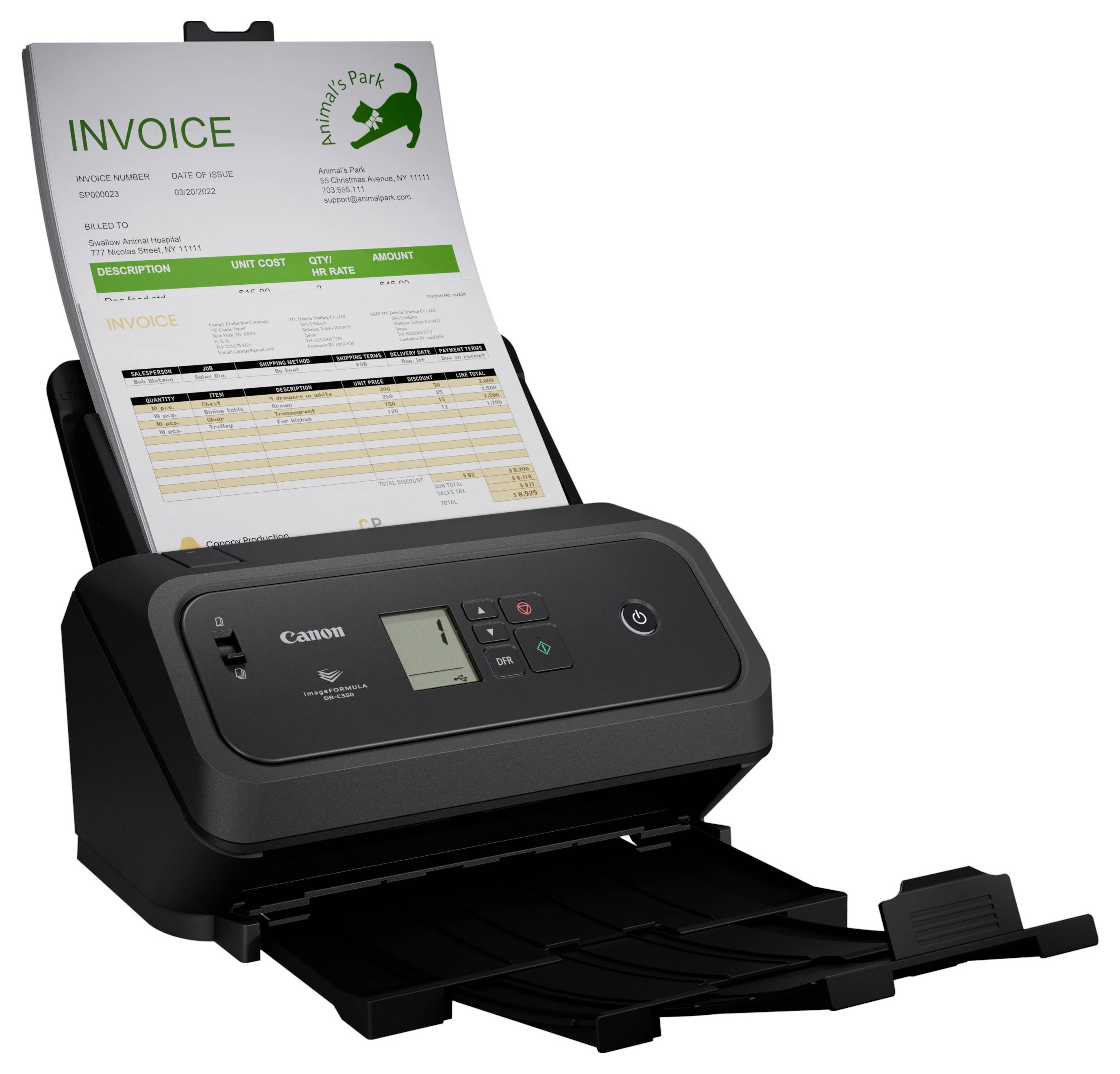 Tischflächenscanner, der eine Rechnungsseite in sein Fach einzieht, mit kleinem Bedienfeld und ausgefahrenem Ausgabefach.
