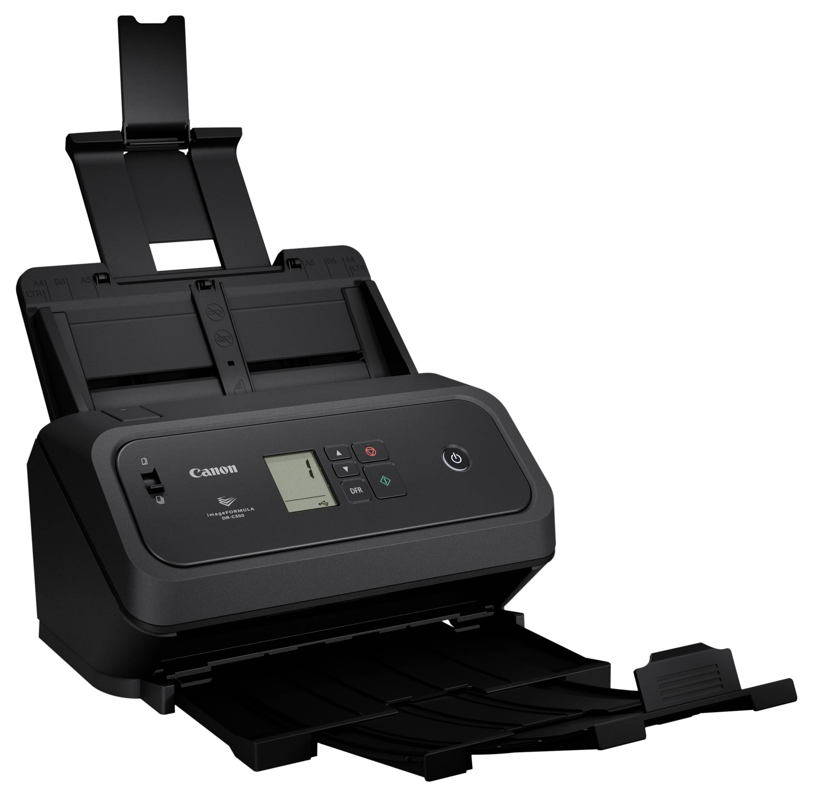 Kanonischer Dokumentscanner mit geöffneten Ein- und Ausgabepapierablagen, der ein kleines Display und Steuertasten auf einem schwarzen Desktop-Gerät zeigt.