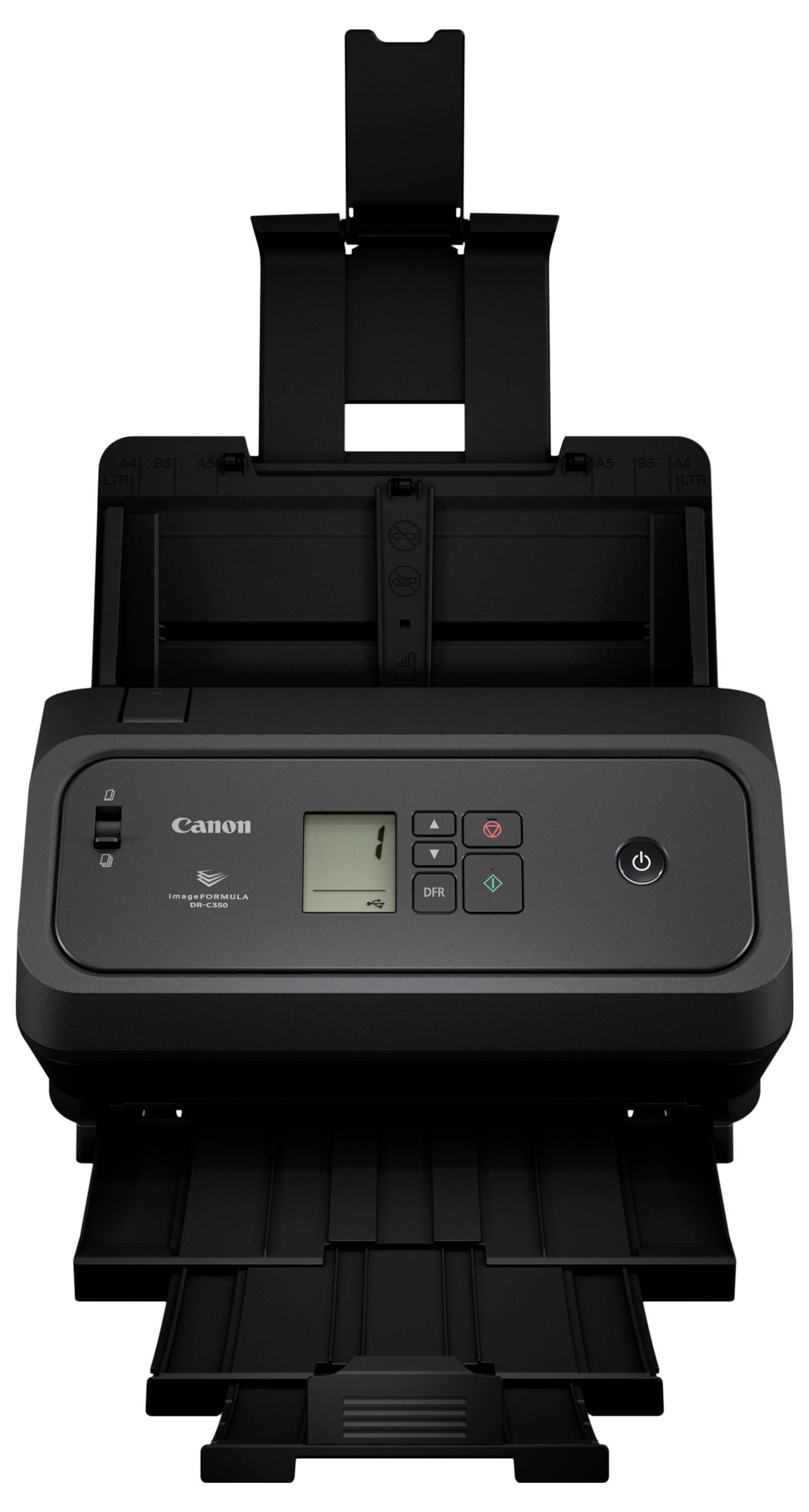 Canon Dokumentscanner mit automatischem Zuführungssystem, Vorderansicht, zeigt Bedienfeld, Ausgabefach und Papiereingabeschächte.