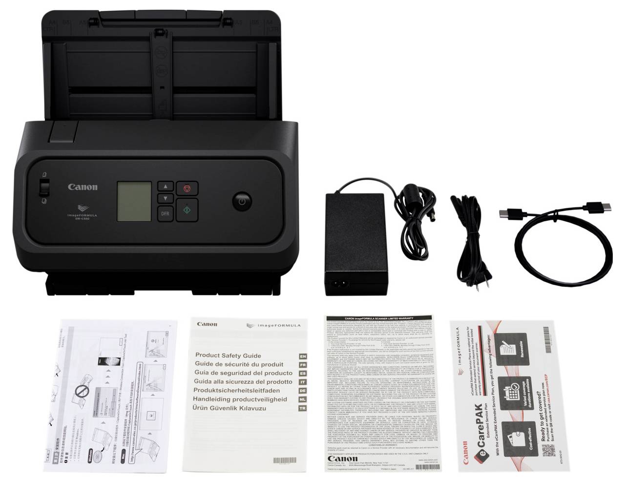 Canon-Dokumentenscanner mit Netzteil, USB-Kabel und im Lieferumfang enthaltenen Bedienungsanleitungen und Installationsanweisungen.