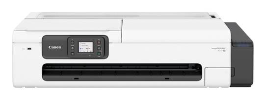 Weißer Canon-Großformatdrucker mit Frontsteuerfeld und Papierausgabeschlitz, in Seitenansicht auf einfachem Hintergrund dargestellt.