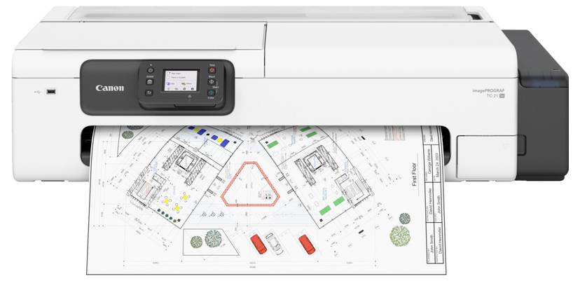 Großformatiger Canon-Drucker gibt einen architektonischen Lageplan mit farbigen Anmerkungen und Diagrammen auf einem großen Blatt aus.