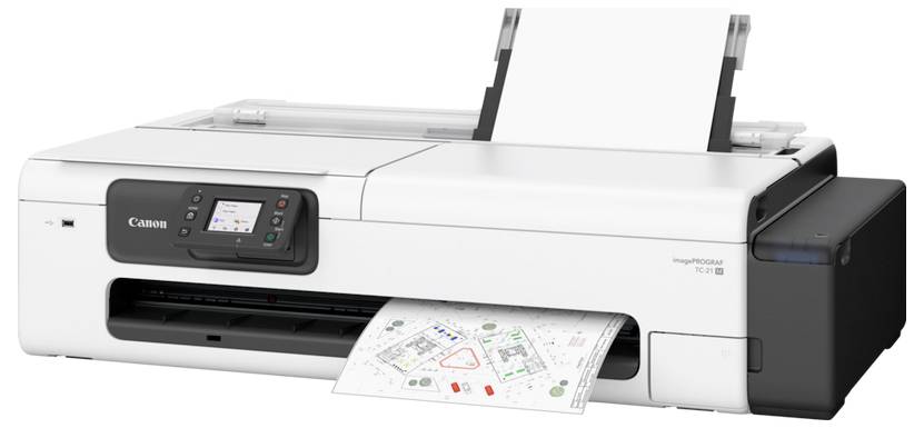 Großformatiger weißer Canon-Drucker, der eine farbige technische Zeichnung aus dem vorderen Papierschacht ausgibt, wobei Papier in die hintere Zuführung eingelegt ist.