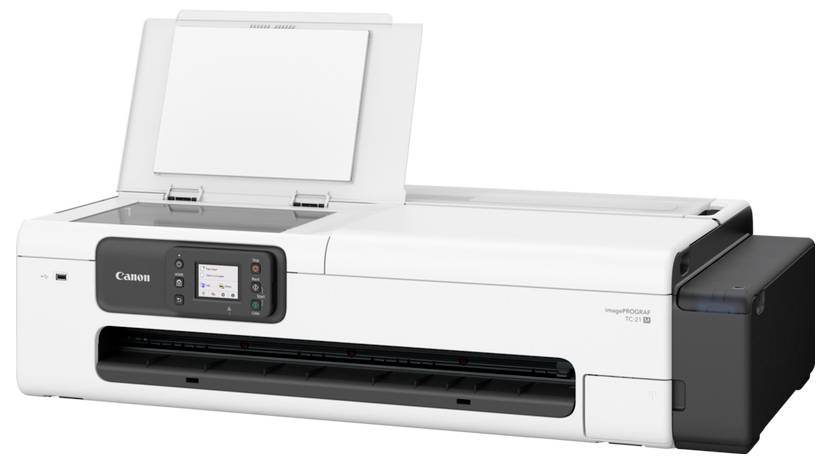 Ein Canon-Großformatdrucker mit geöffnetem Scannerlid und Bedienfeld an der Vorderseite, abgebildet auf weißem Hintergrund.