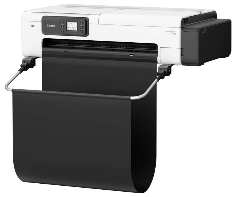 Großformatdrucker von Canon mit einer Rolle schwarzem Papier, die durch das vordere Ausgabefach läuft.