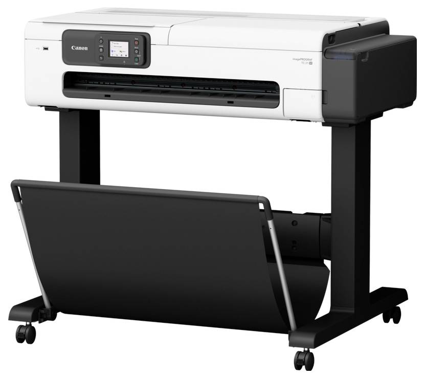 Großer Canon Großformatdrucker auf einem Ständer mit Rollenpapiermagazin und Lenkrollen