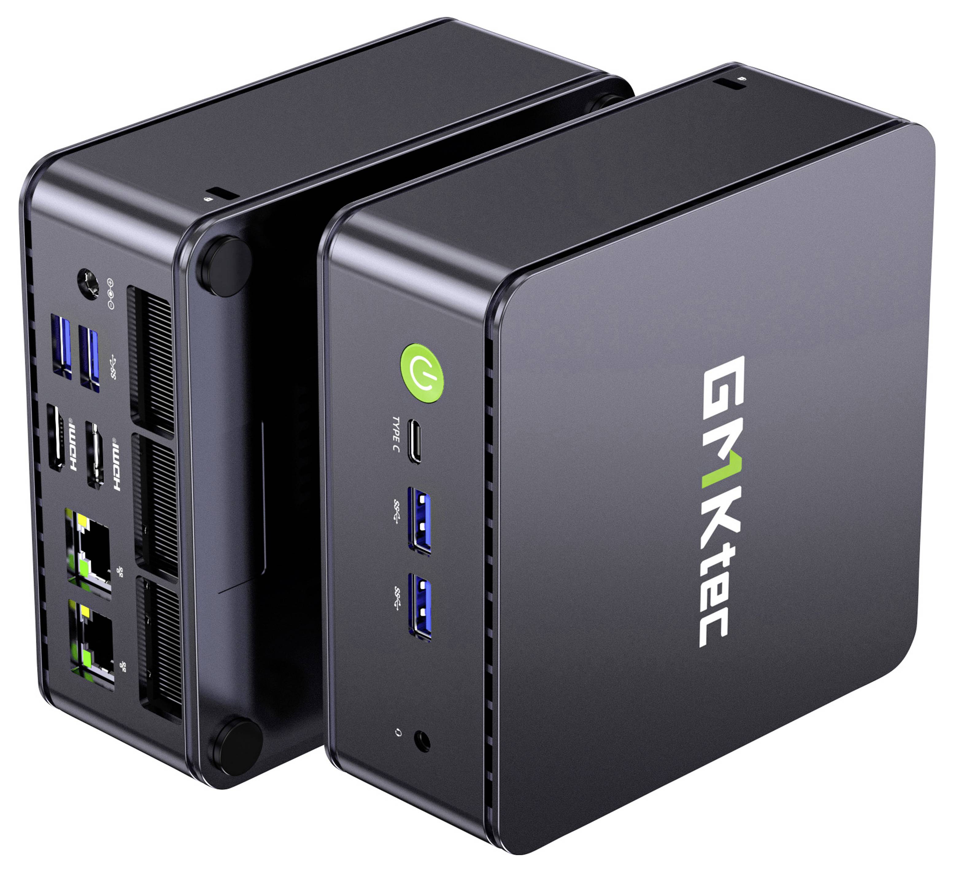 Zwei kompakte schwarze GMKtec Mini-PCs nebeneinander gezeigt, mit sichtbaren USB-, Ethernet- und Stromversorgungsanschlüssen auf der Vorder- und Rückseite.