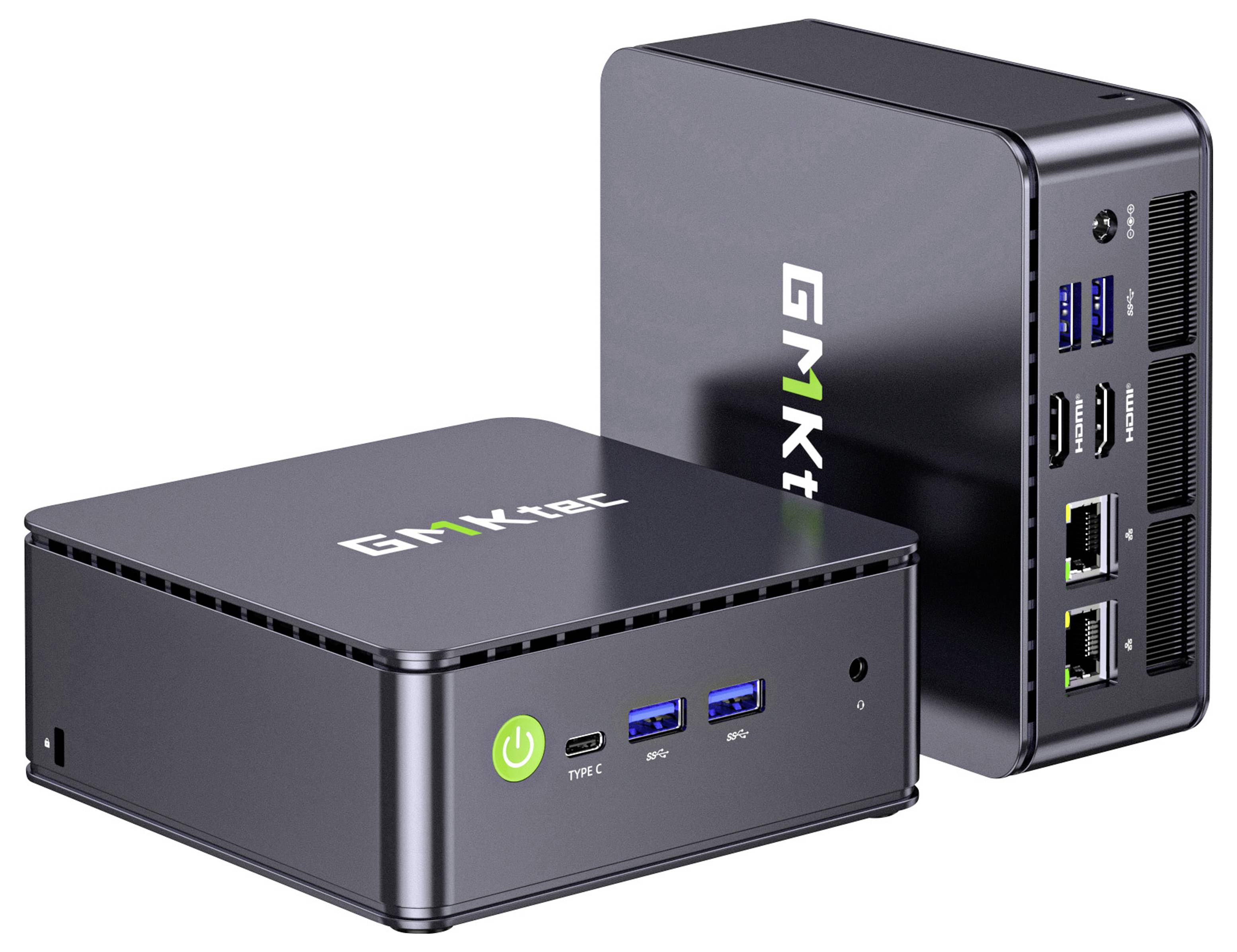Zwei kompakte schwarze Mini-PCs auf weißem Hintergrund gezeigt, einer frontseitig mit Stromschalter, USB-C- und USB-Anschlüssen, der andere zeigt die hinteren Anschlüsse.