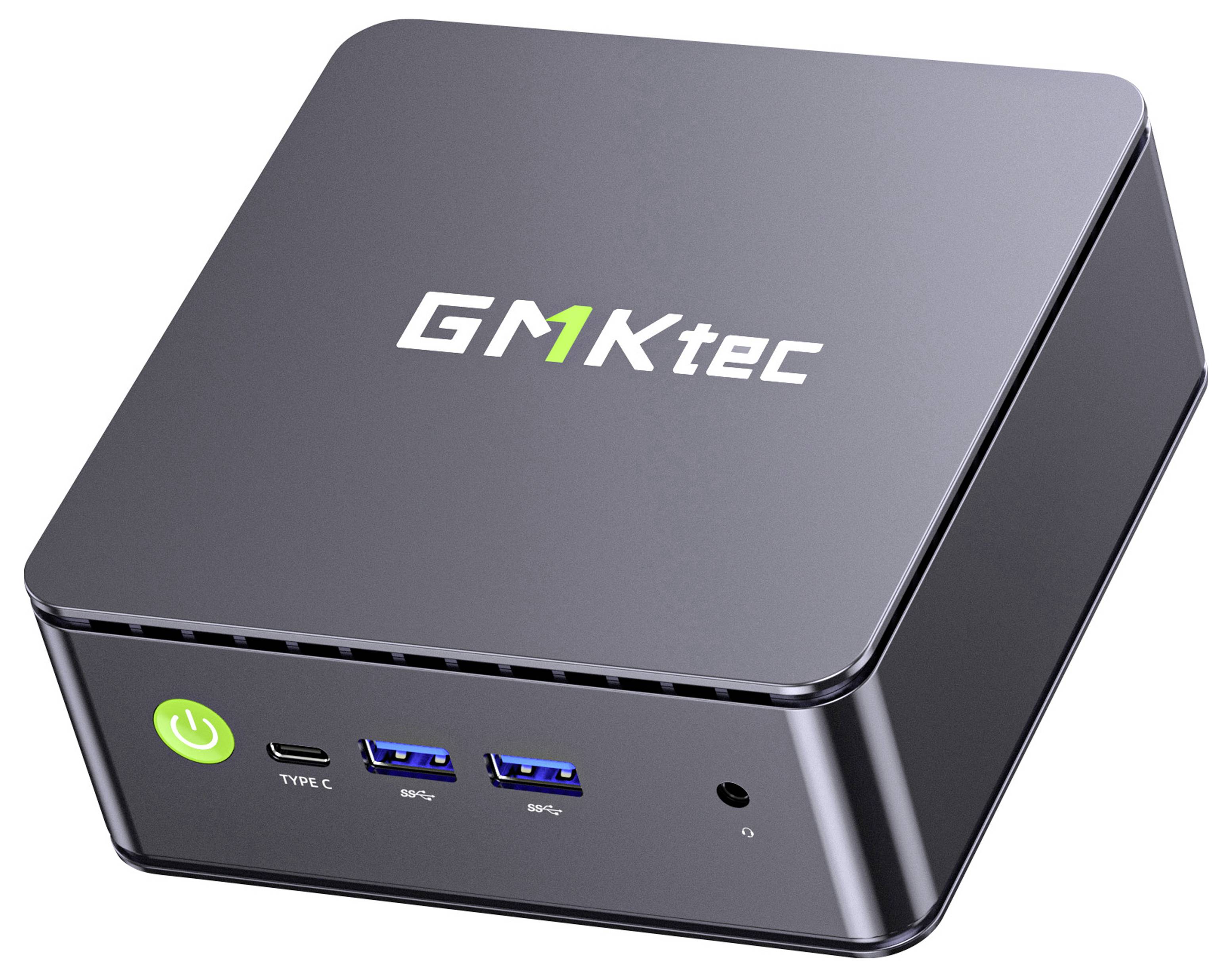 Kompakter GMKtec Mini-PC mit Ein-/Aus-Schalter, USB-C und zwei USB-A-Anschlüssen auf der Vorderseite