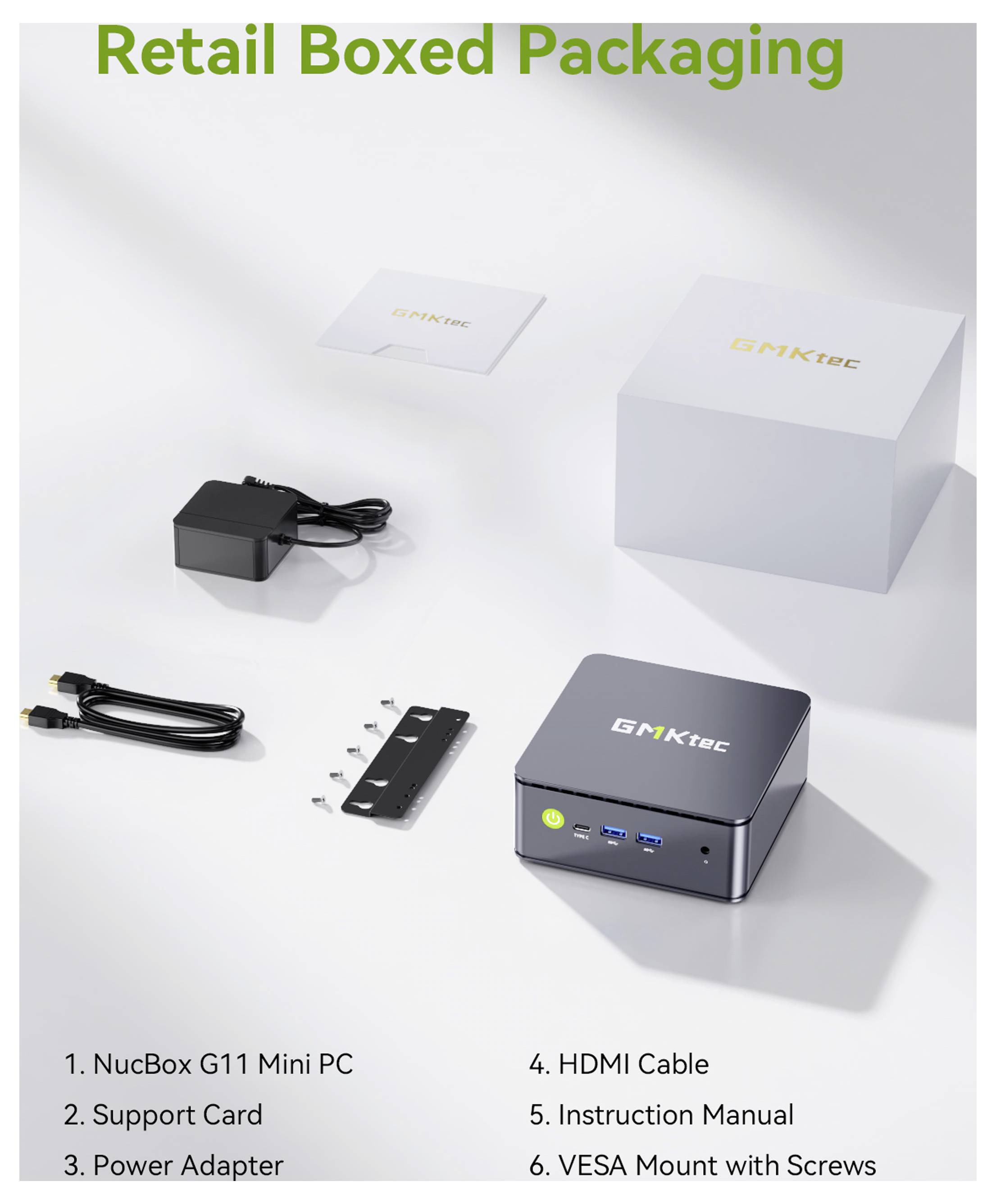Produktverpackungsbild eines NucBox G11 Mini-PCs im Einzelhandel mit enthaltenen Artikeln: Supportkarte, Netzteil, HDMI-Kabel, Bedienungsanleitung und VESA-Halterung mit Schrauben.