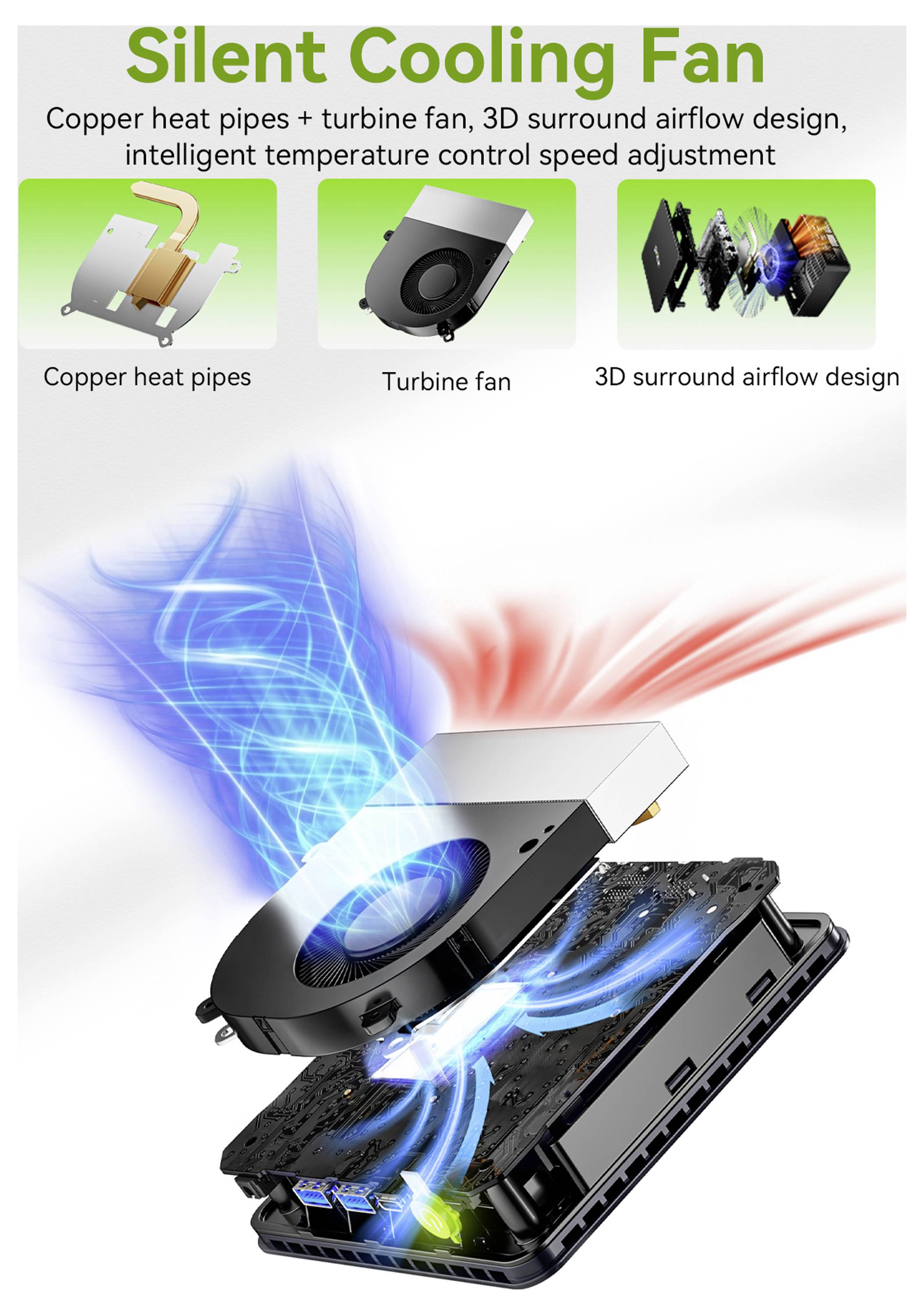 Lüftloses Kühlsystem-Infografik mit Kupferwärmerohr, Turbinenlüfter und 3D-Luftstromdesign für temperaturgeregelte Laptop-Kühlung.