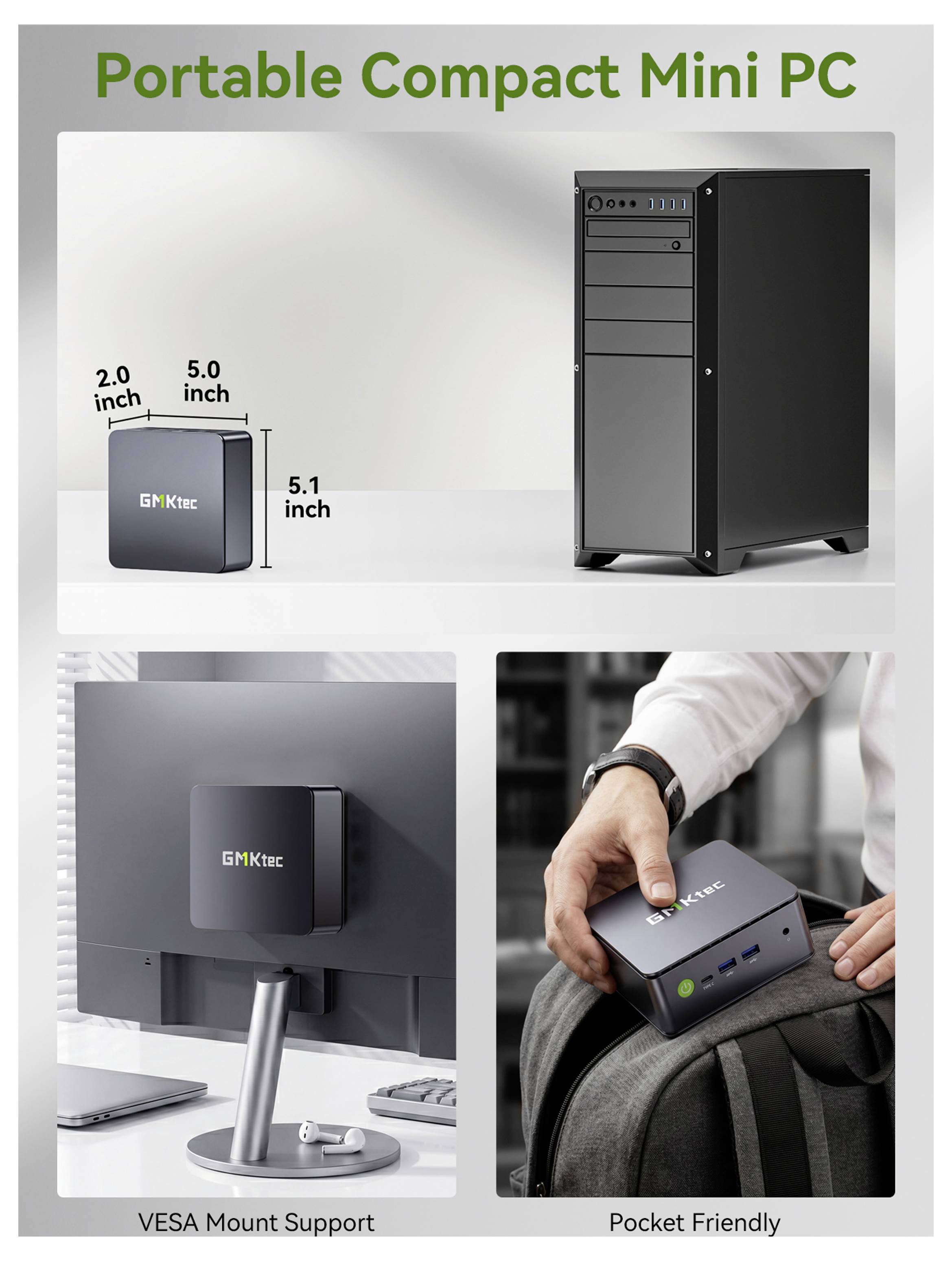 Produktpromotion für einen tragbaren kompakten Mini-PC mit einem kleinen Desktop-Computer im Format 2,0 x 5,0 x 5,1 Zoll, VESA-Montagetechnik und taschenfreundlicher Tragbarkeit.