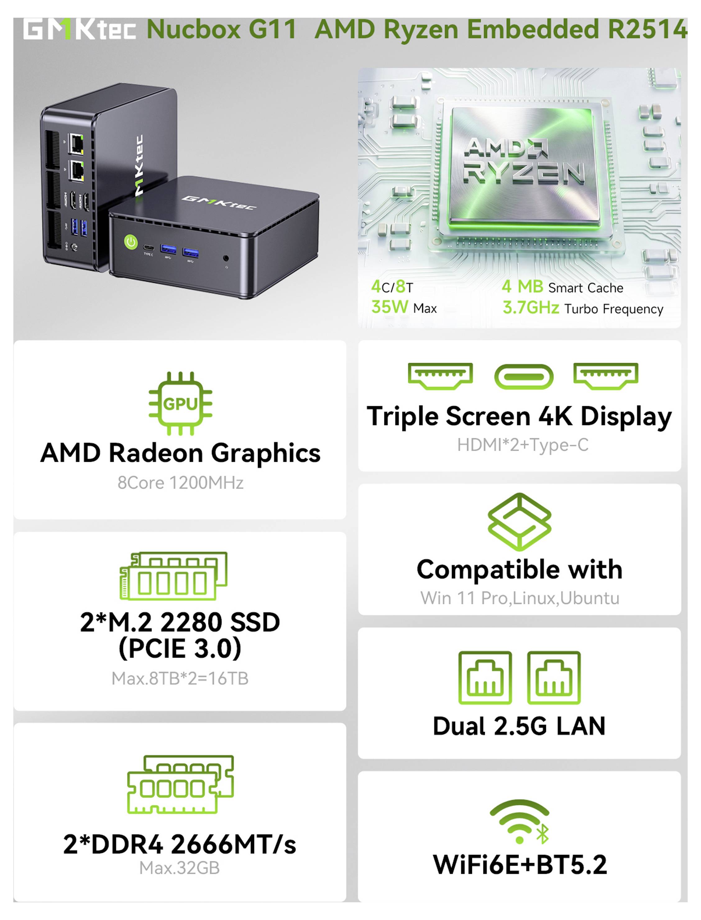 GMKtec Mini PC G11-1 AMD Ryzen™ Embedded R2514 16+512GB AMD Ryzen Embedded R2514 3.7GHz 16GB RAM 512GB SSD AMD Radeon Graphics Wi