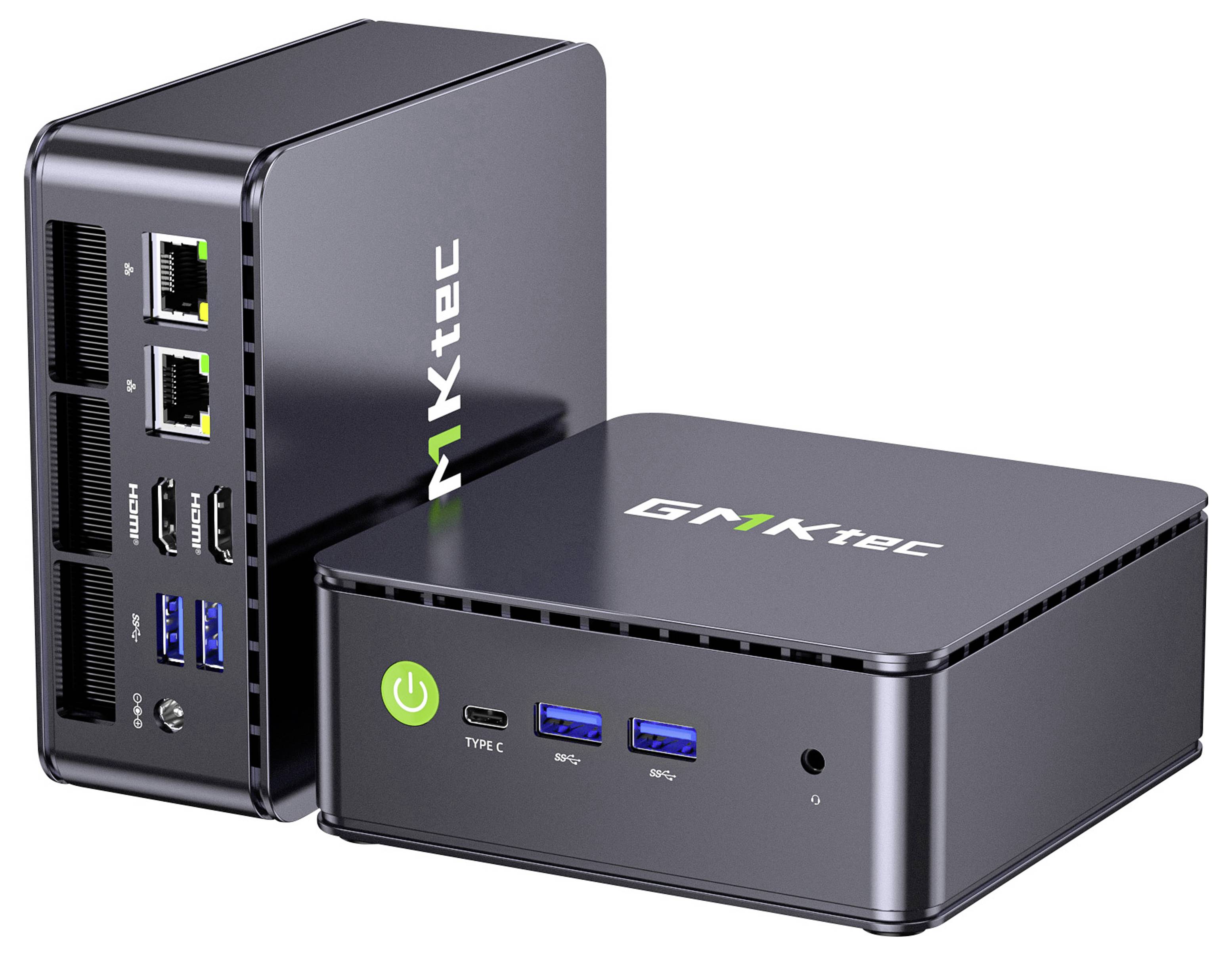 Zwei kompakte schwarze GMKtec Mini-PCs, einer aufrecht stehend mit Ethernet-, HDMI-, USB- und Stromanschlüssen, der andere horizontal mit vorderen USB- und Audioanschlüssen.