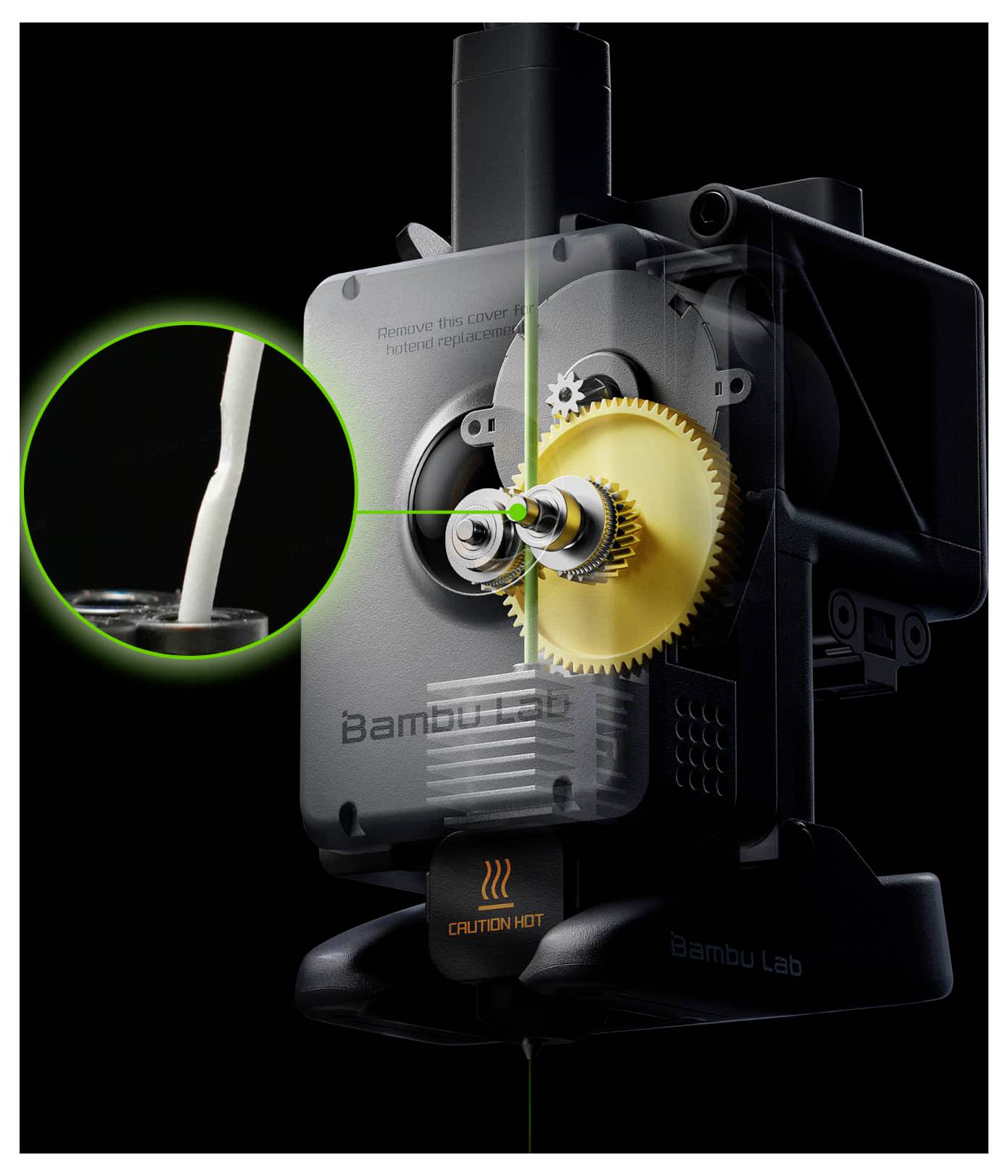 3D-gerenderte Bambu Lab 3D-Drucker-Extruder-Baugruppe mit Getriebemechanismus; eingefügte Vergrößerung zeigt Filament, das in den Druckkopf eingeführt wird.