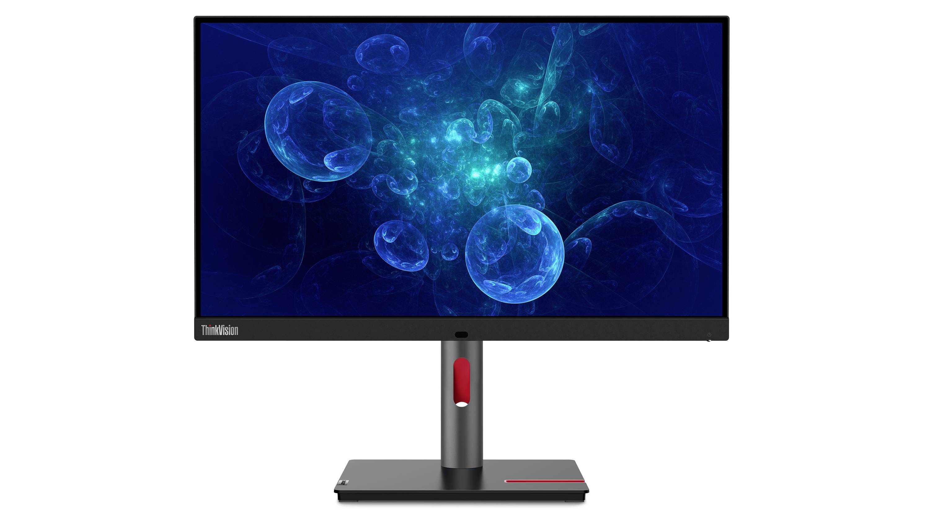 Ein Lenovo ThinkVision-Monitor auf einem Ständer, der blaue abstrakte Blasen auf einem dunklen Bildschirm anzeigt.