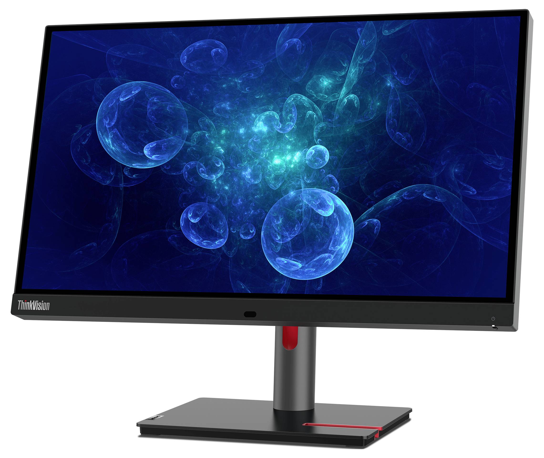 Schwarzer ThinkVision-Monitor auf Ständer mit abstraktem blauem Blasen-ähnlichen Hintergrundbild auf dem Bildschirm.