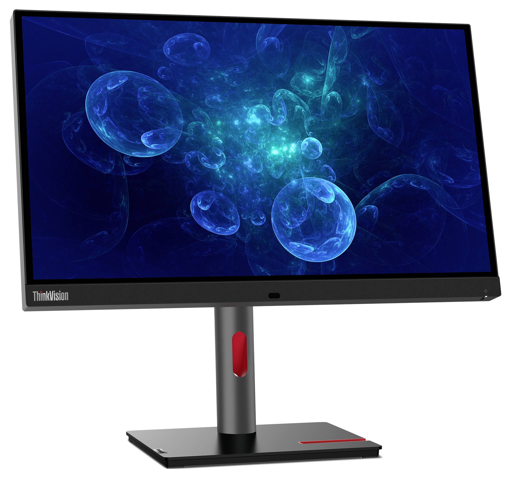 Ein schwarzer ThinkVision-Monitor auf einem Ständer zeigt ein blaues abstraktes Bild mit leuchtenden Blasen auf dunklem Hintergrund an.
