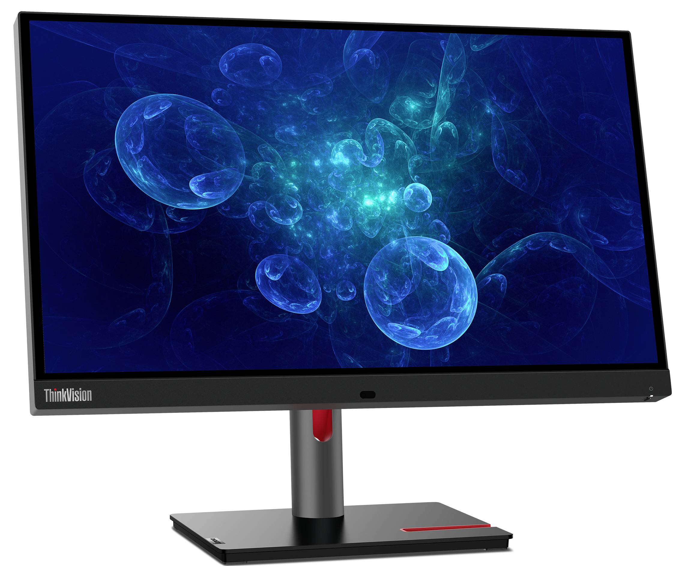 ThinkVision-Computermonitor auf Ständer, der abstrakte blaue blasenähnliche Kugeln auf dunklem Hintergrund anzeigt.