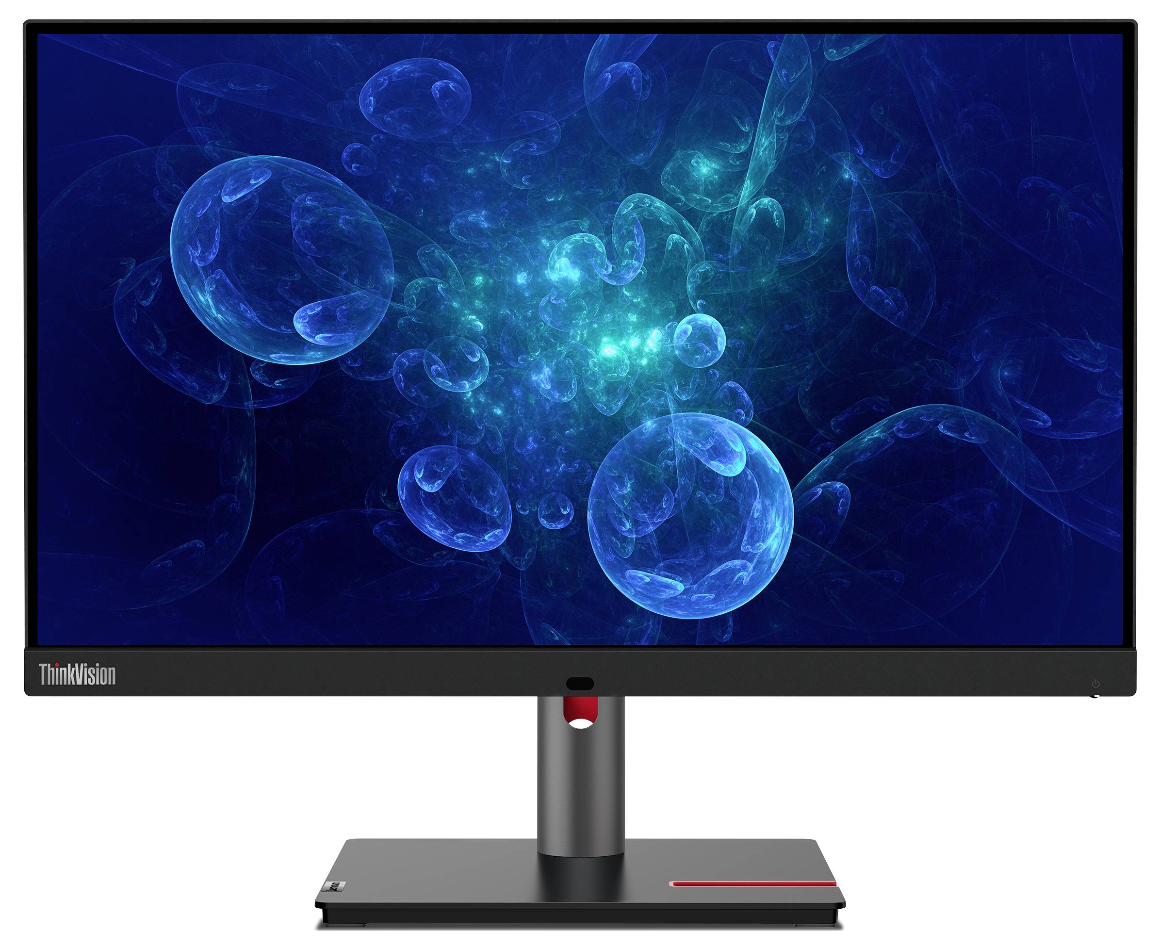 ThinkVision-Desktopmonitor mit blauem abstraktem Blasen-Hintergrundbild auf schwarzem Ständer.