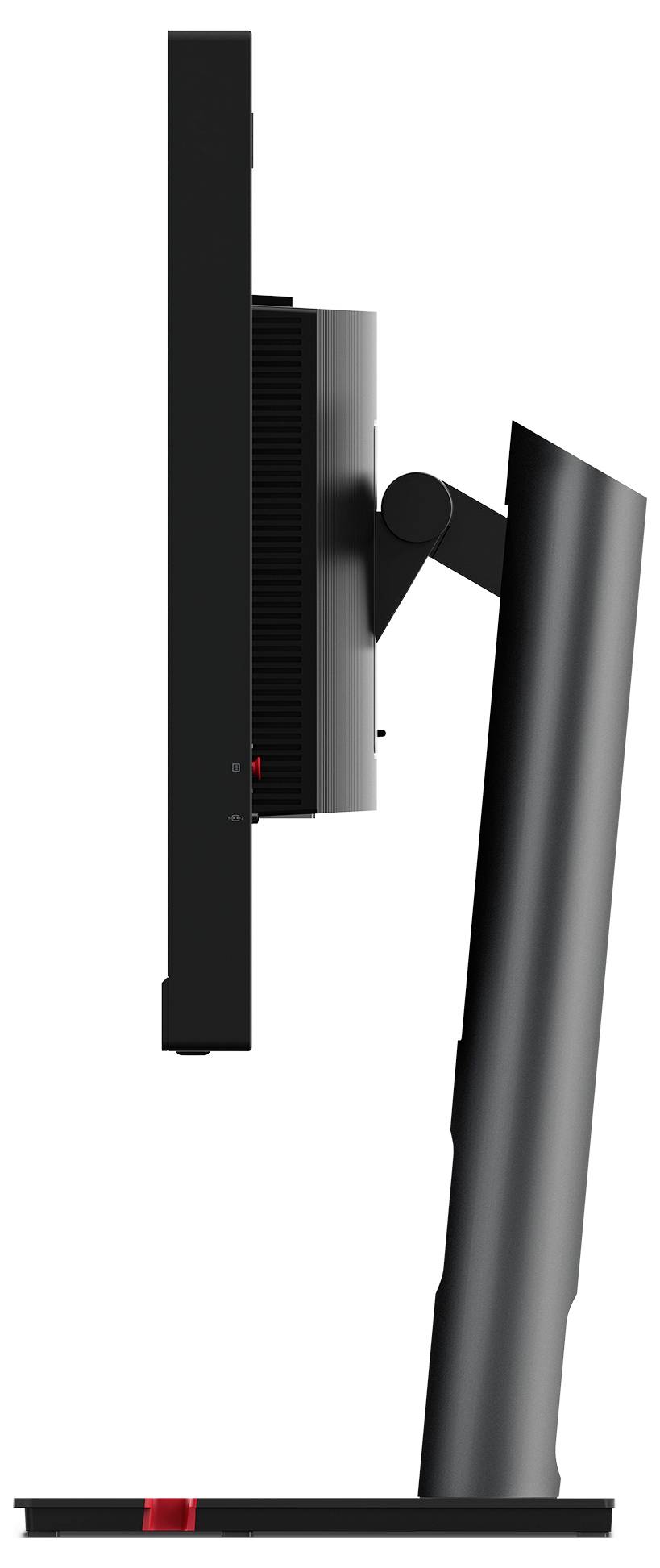 Seitenansicht eines Desktop-Monitors auf einem Ständer, der das dünne Profil des Bildschirms und die verstellbare abgewinkelte Stützbasis zeigt.