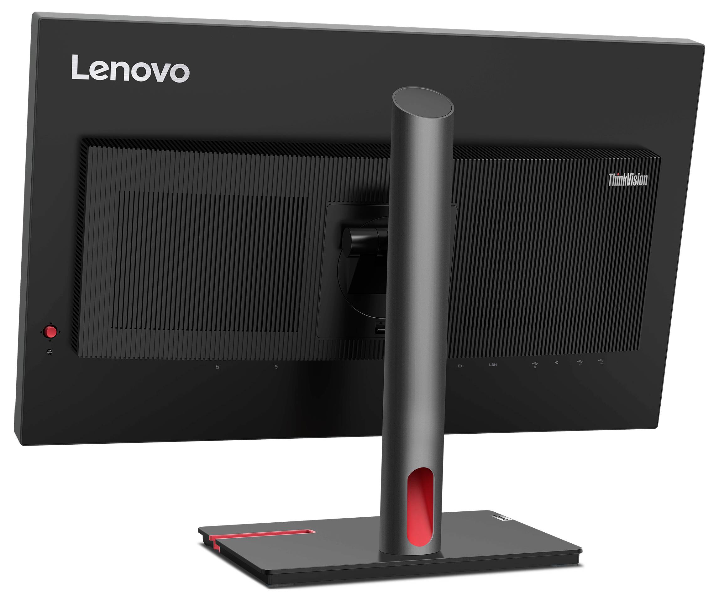 Rückansicht eines schwarzen Lenovo ThinkVision-Monitors auf einem Ständer.