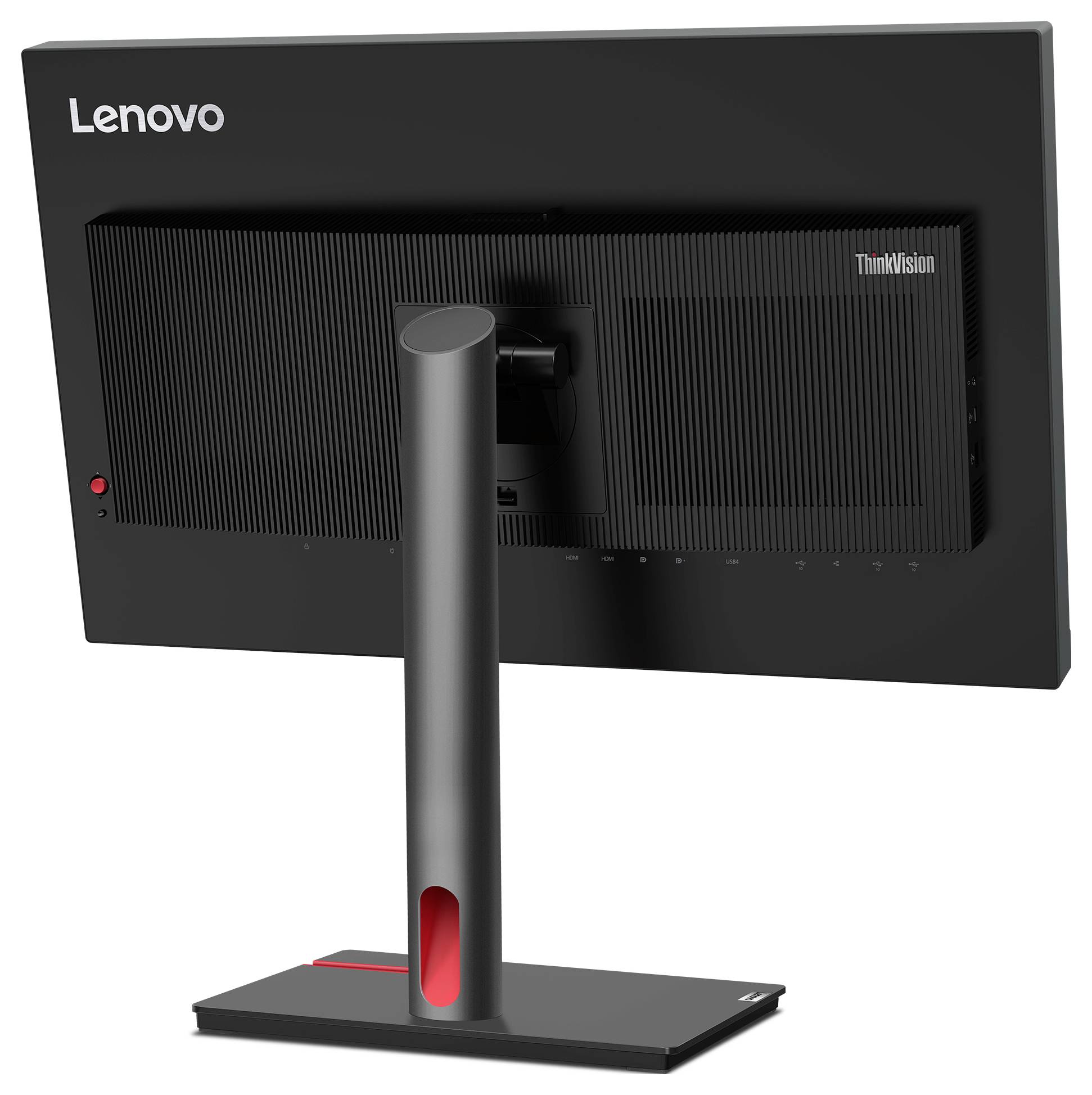 Rückansicht eines Lenovo ThinkVision-Computermonitors auf einem Ständer, der die verstellbare Mittelsäule und die Basis zeigt.
