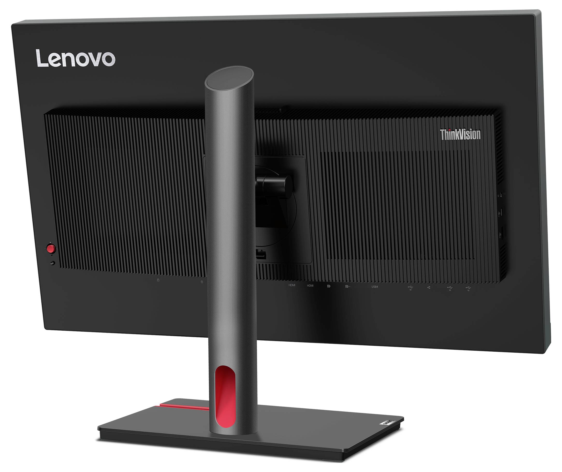 Rückansicht eines Lenovo ThinkVision-Monitors auf einem Ständer mit Rückblende, zentraler Halterung und schwarzem Sockel mit rotem Akzent.