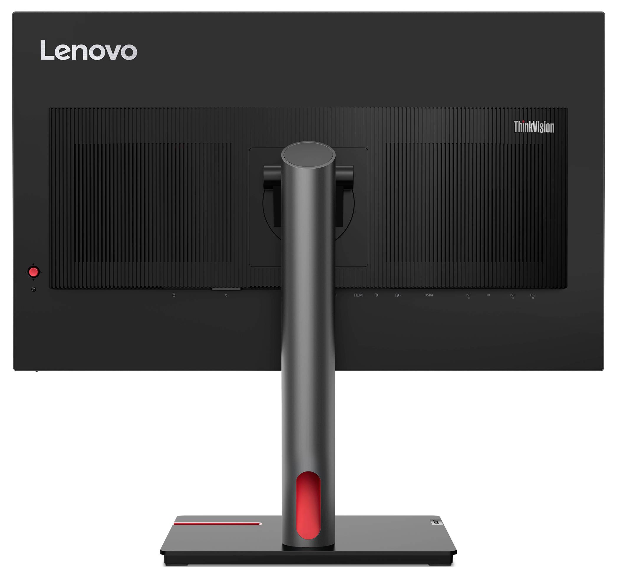 Rückansicht eines Lenovo ThinkVision-Monitors mit zentralem Ständer und rotem Netzschalter, die die Rückseite und die Kabelführung zeigt.