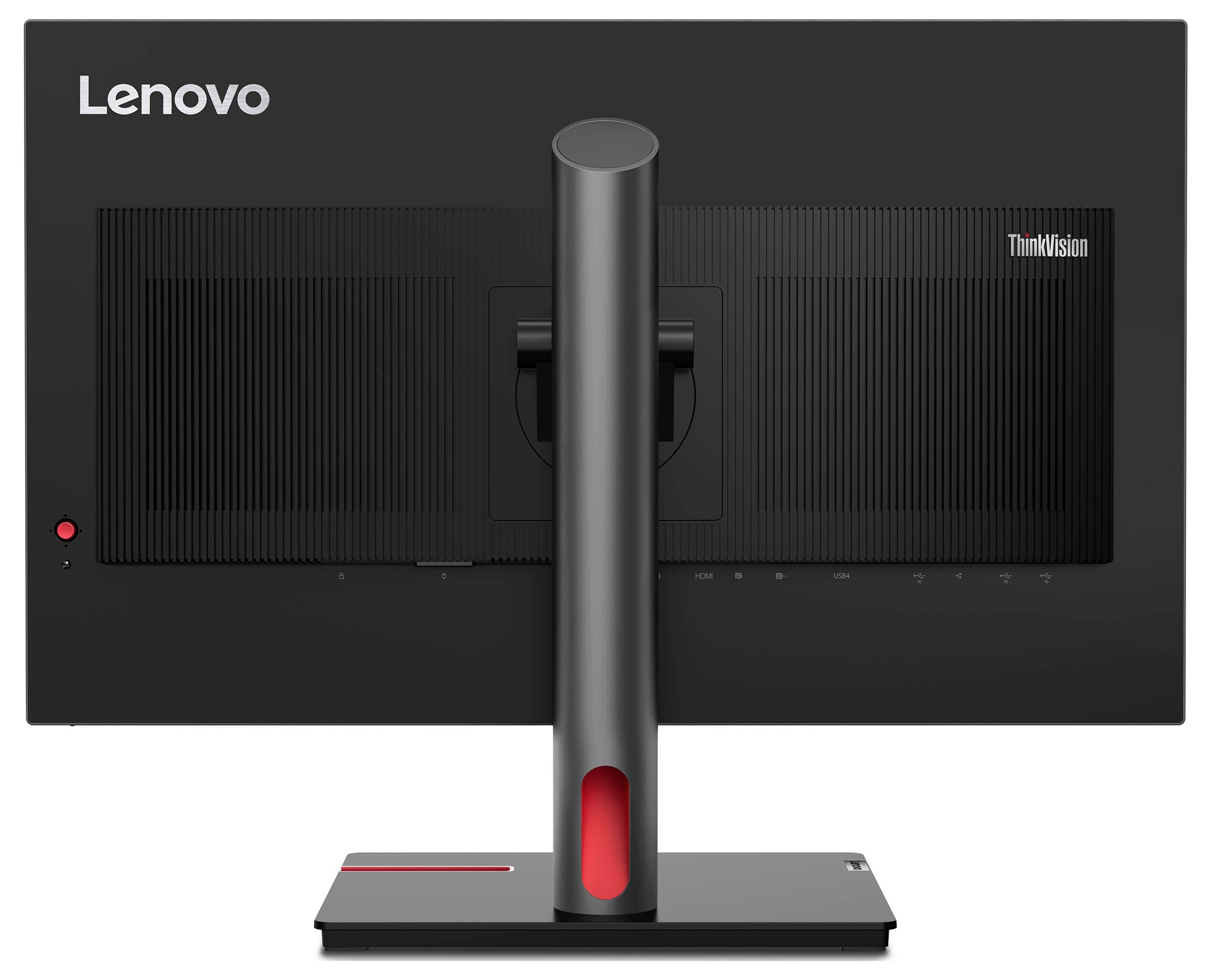 Rückansicht eines Lenovo ThinkVision Monitors auf einem Ständer, zeigt die Rückseite, die zentrale Halterung und das Logo.