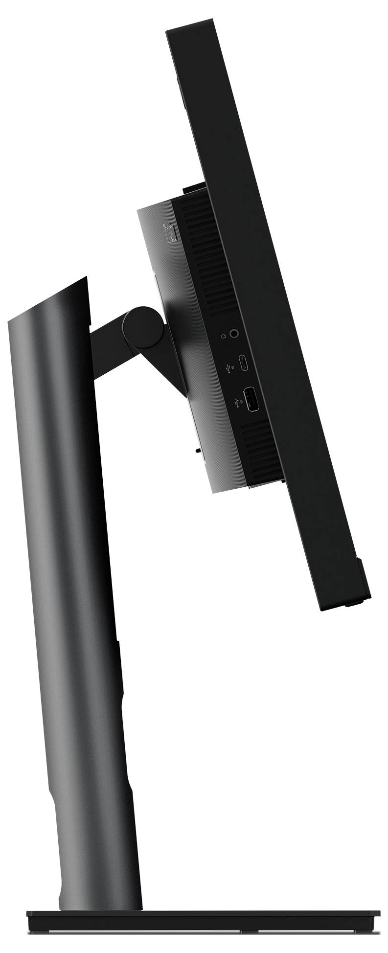 Seitenansicht eines schwarzen All-in-One-Desktop-Computers auf einem Ständer mit dünnem Monitor und rückseitigen Anschlüssen.