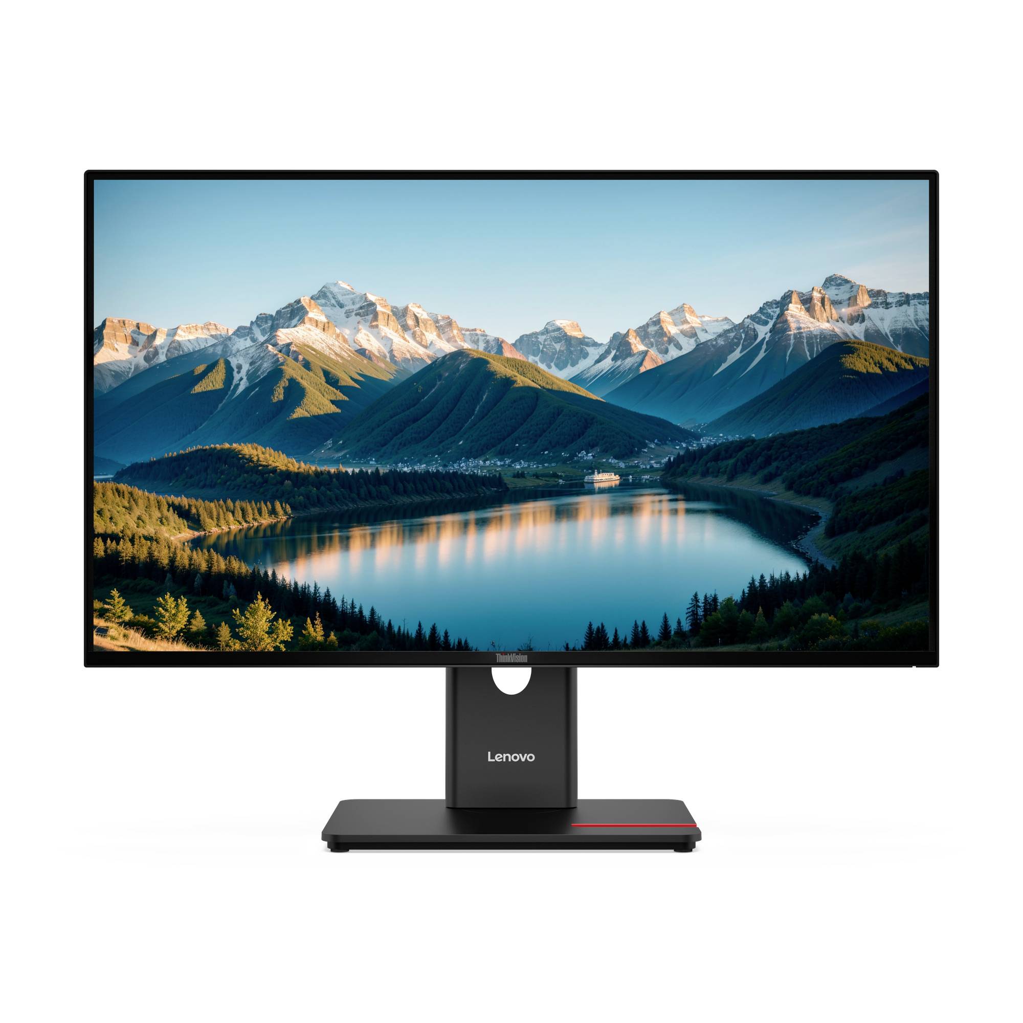 Lenovo-Desktop-Monitor zeigt ein malerisches Bergseewallpaper auf einem schwarzen Ständer an