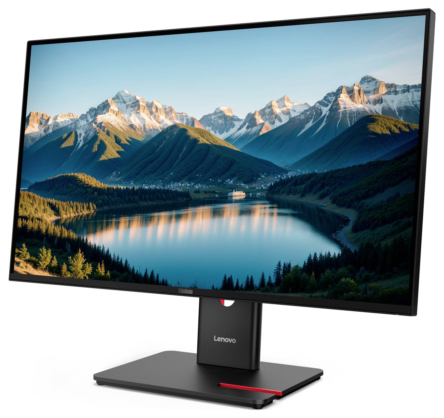 Lenovo-Monitor, der eine malerische Bergseenlandschaft anzeigt, auf einem schwarzen Ständer vor weißem Hintergrund.
