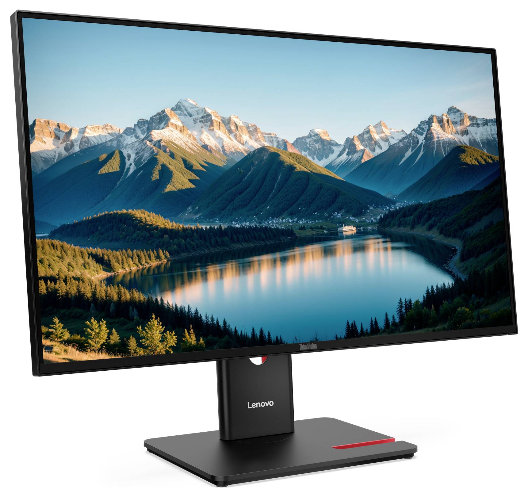 Lenovo-Desktop-Monitor mit lebendiger Bergseenlandschaft, dargestellt auf einem schwarzen Ständer mit rotem Akzent.