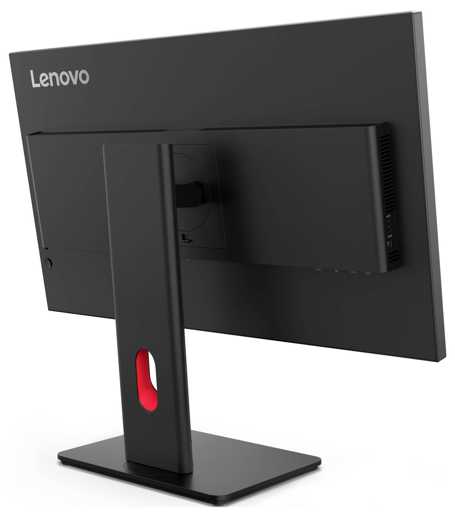 Rückansicht eines Lenovo-Computermonitors auf einem schwarzen Ständer mit einem roten Kabelführungsschlitz.