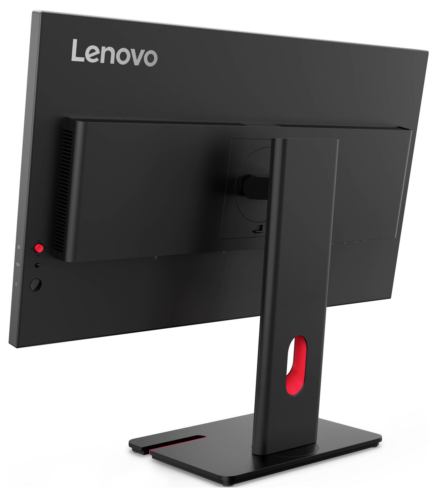 Rückansicht eines Lenovo-Desktop-Monitors auf einem Ständer, die Rückanschlüsse und einen roten Netzschalter auf der linken Seite zeigt.