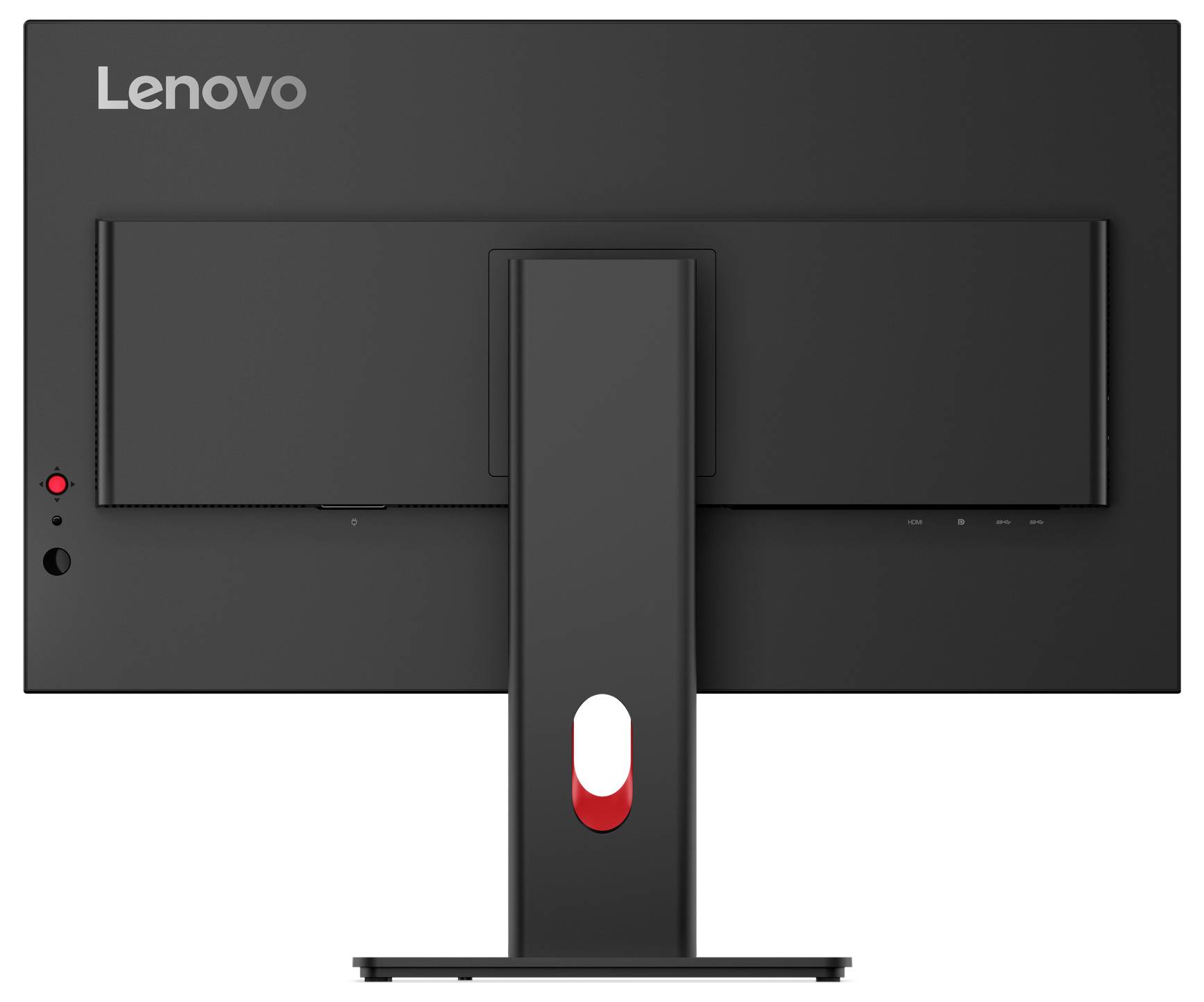 Rückansicht eines Lenovo-Monitors auf einem Ständer mit einer zentralen Stützstütze und rotem Netzschalter unten links.