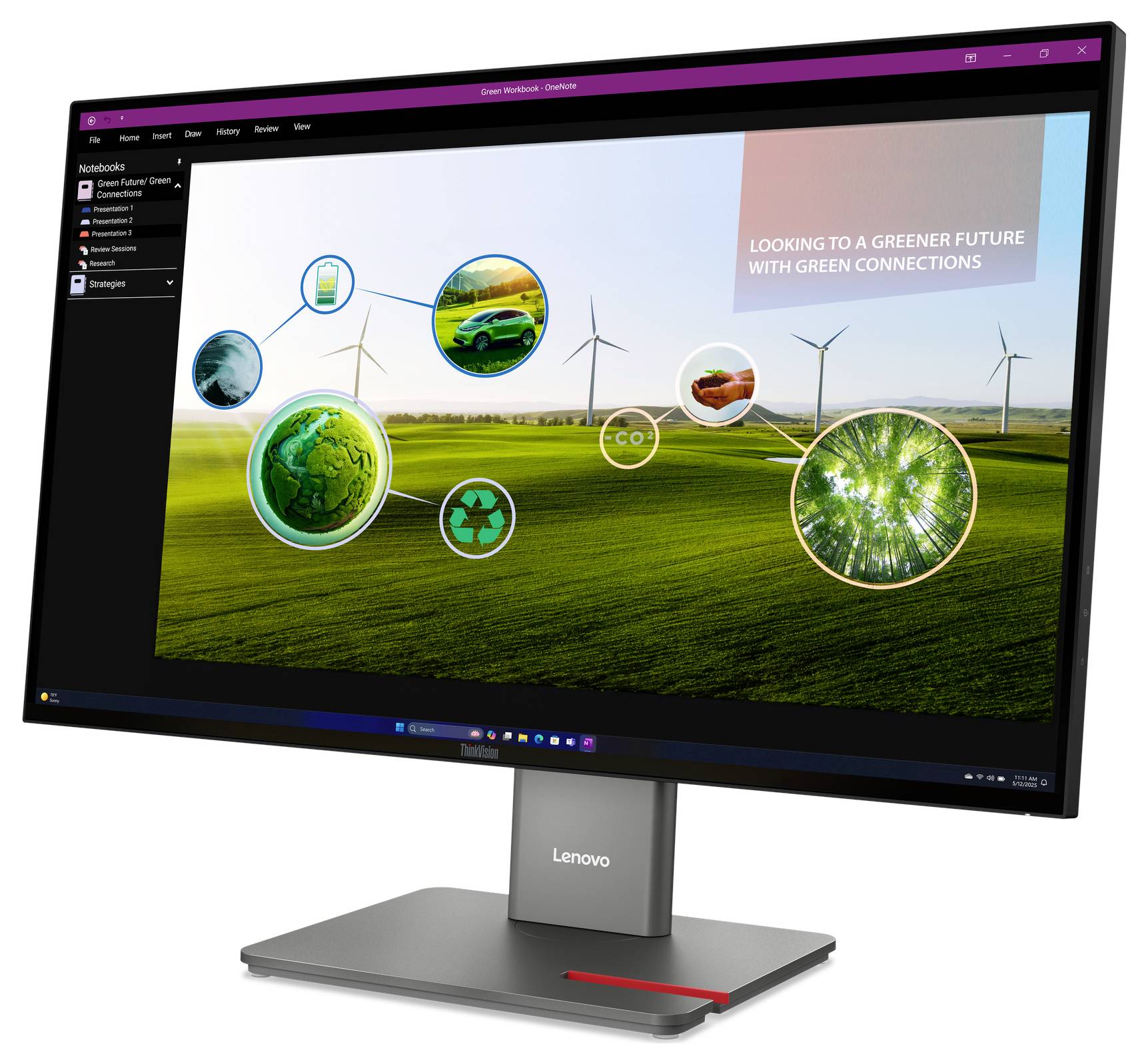 Lenovo-Monitor zeigt eine Nachhaltigkeitsgrafik mit Windkraftanlagen, grüner Landschaft, zirkulären Öko-Symbolen und dem Text „MIT GRÜNEN VERBINDUNGEN AUF DEM WEG IN EINE GRÜNERE ZUKUNFT