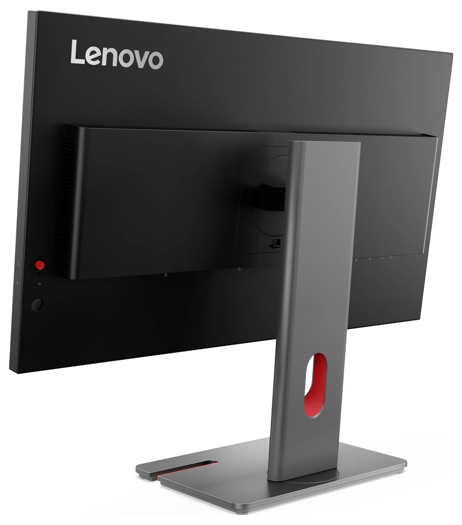 Rückansicht eines Lenovo-Desktop-Monitors mit grauem Ständer auf weißem Hintergrund.