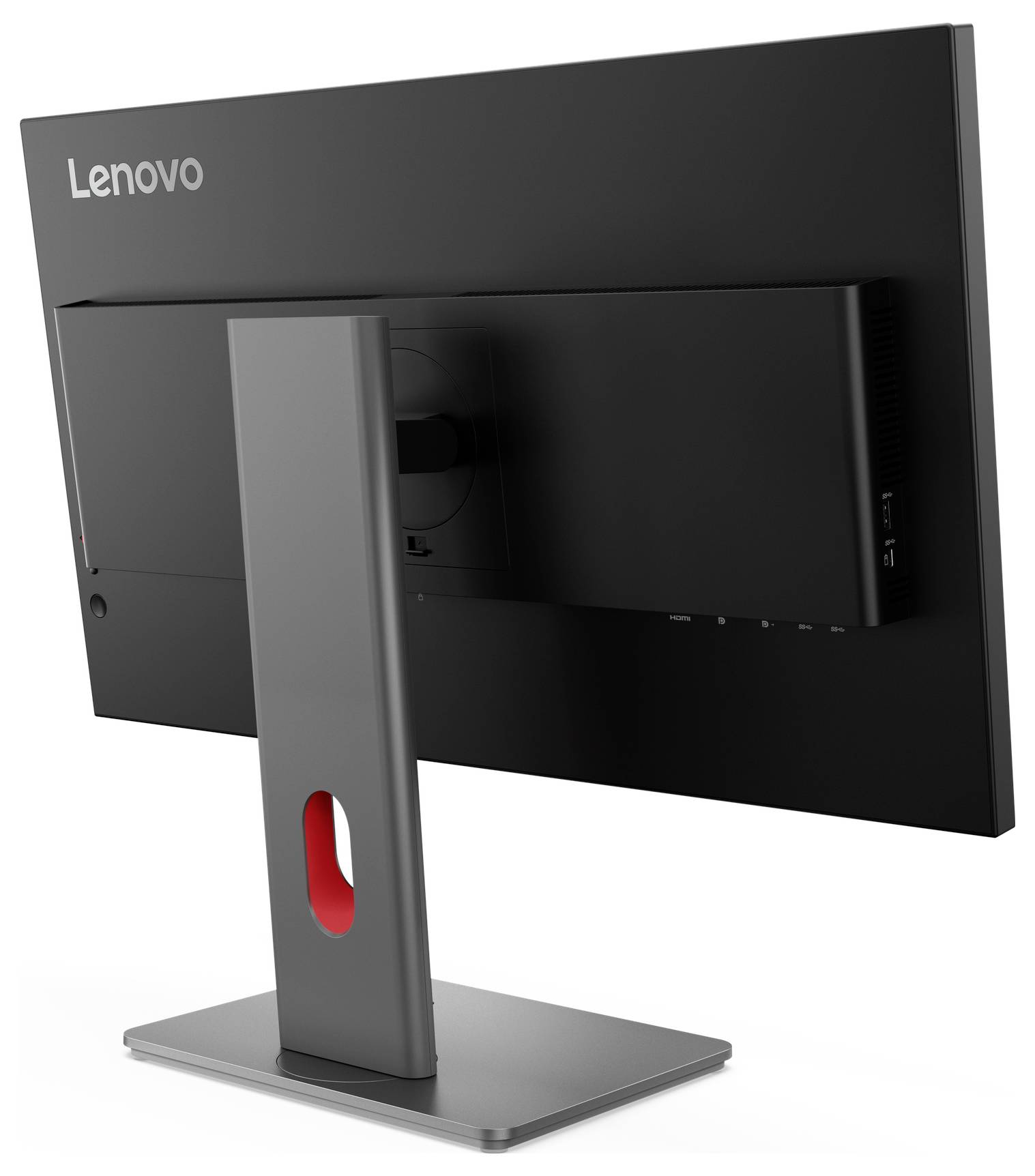 Rückansicht eines Lenovo-Desktop-Monitors auf einem grauen Ständer, die das Backpanel und die Kabelanschlüsse zeigt.
