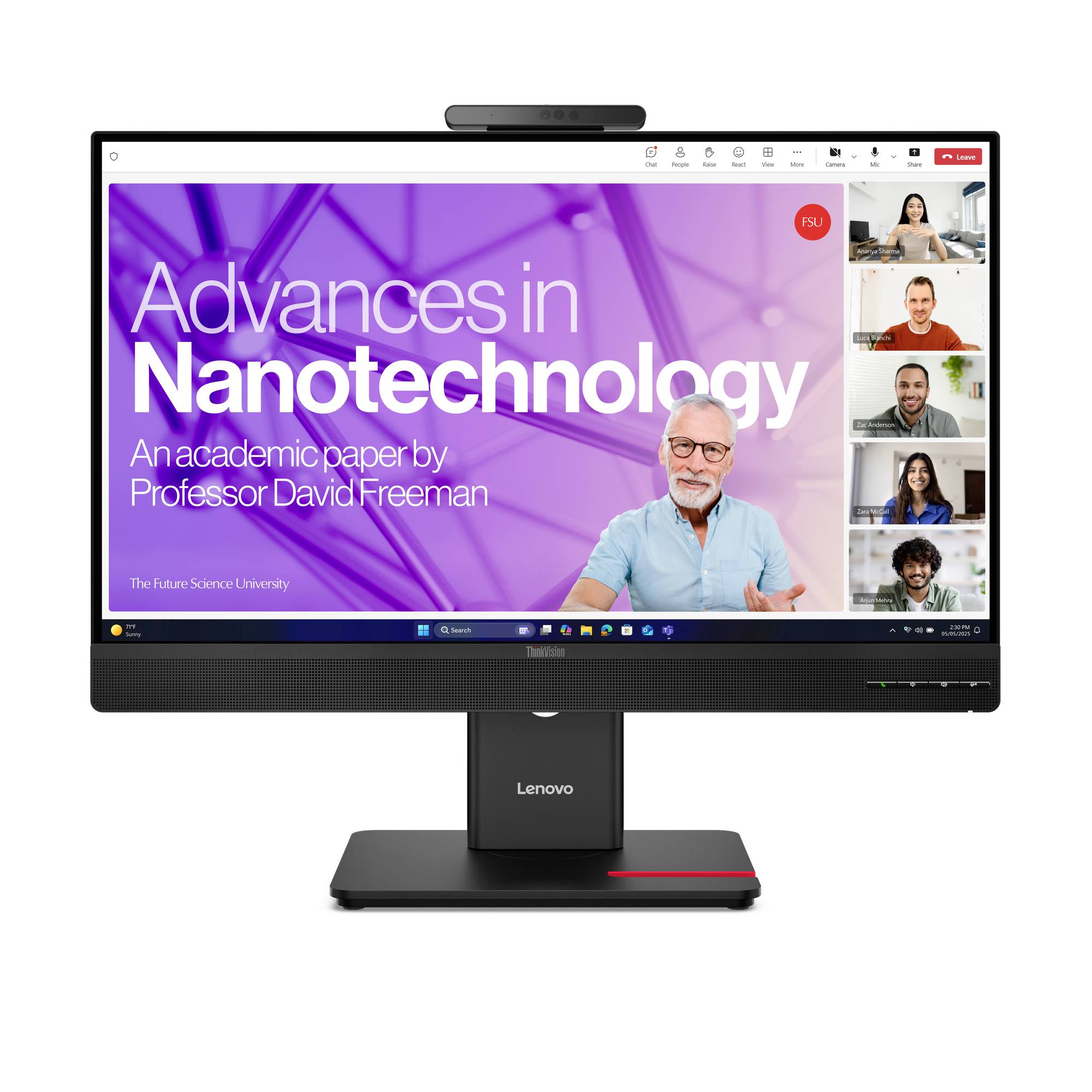 Lenovo-Monitor zeigt eine Präsentationsfolie mit dem Titel „Fortschritte in der Nanotechnologie
