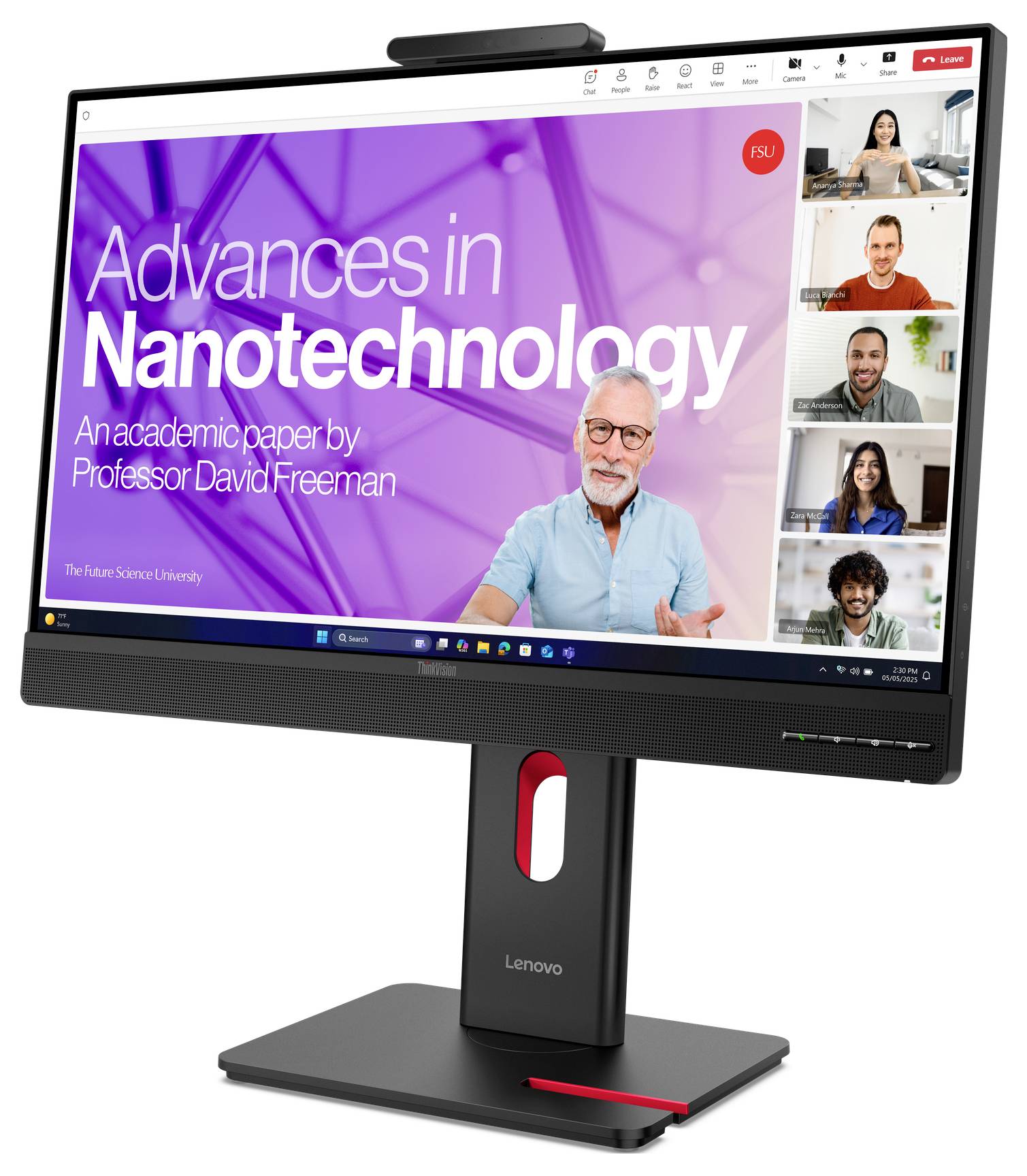 Lenovo-Monitor zeigt eine Videokonferenz mit einer Präsentation mit dem Titel „Advances in Nanotechnology