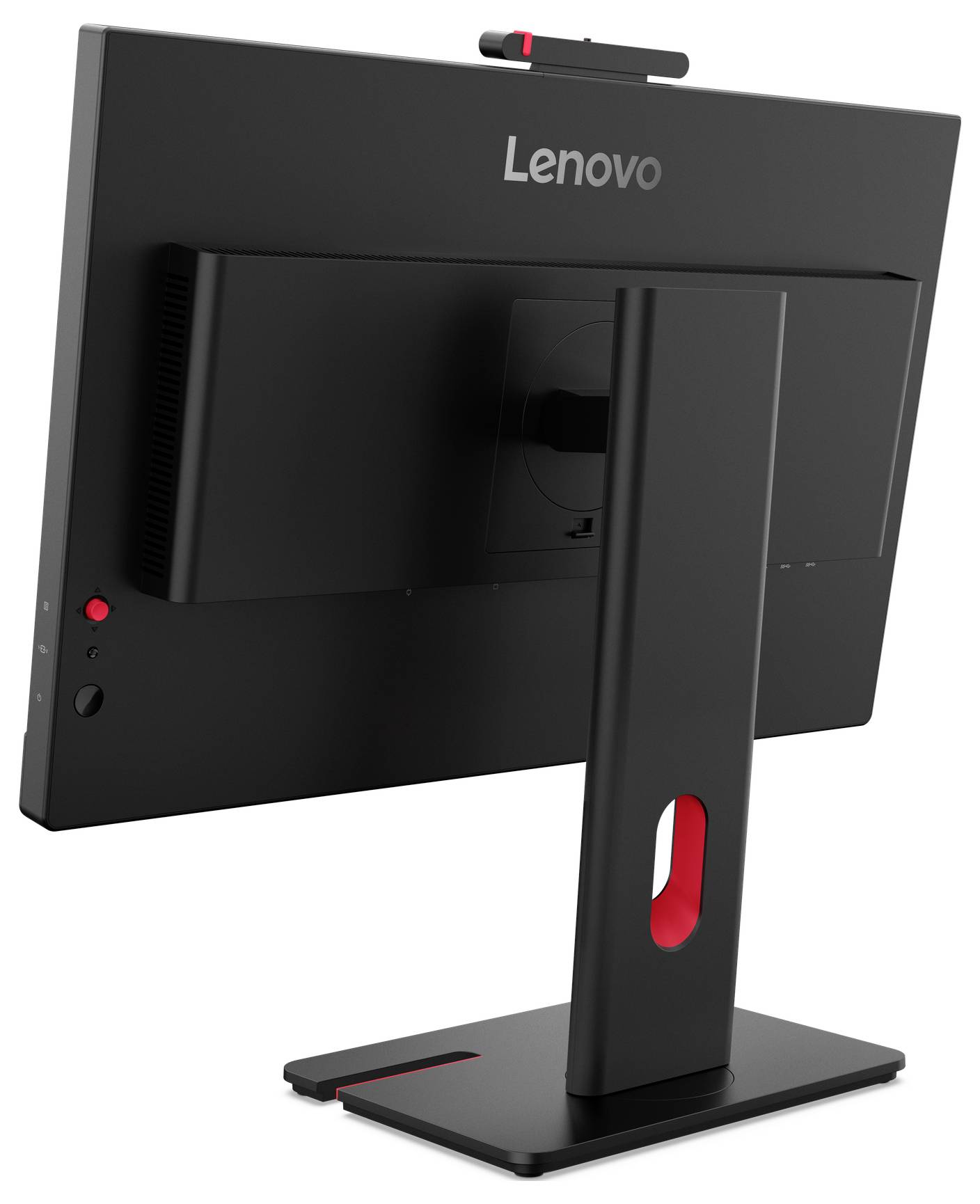 Rückansicht eines Lenovo-Monitors mit Anschlüssen und Beschriftungen: Stromversorgung, Kensington-Schloss, DP 1.2, HDMI 1.4, VGA, USB-B und USB-A.