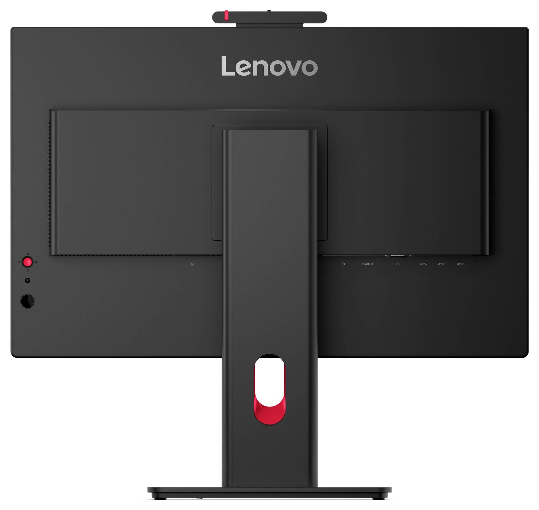Rückansicht eines Lenovo-Monitors mit zentralem Standfuß und integrierter Kabelführungsöffnung mit roten Akzenten.
