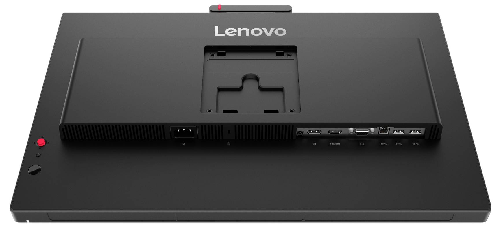 Rückansicht eines Lenovo-Monitors auf seinem Ständer, mit sichtbarem VESA-Montagebreich, Stromversorgungs- und Eingabeanschlüssen sowie physischen Steuertasten.